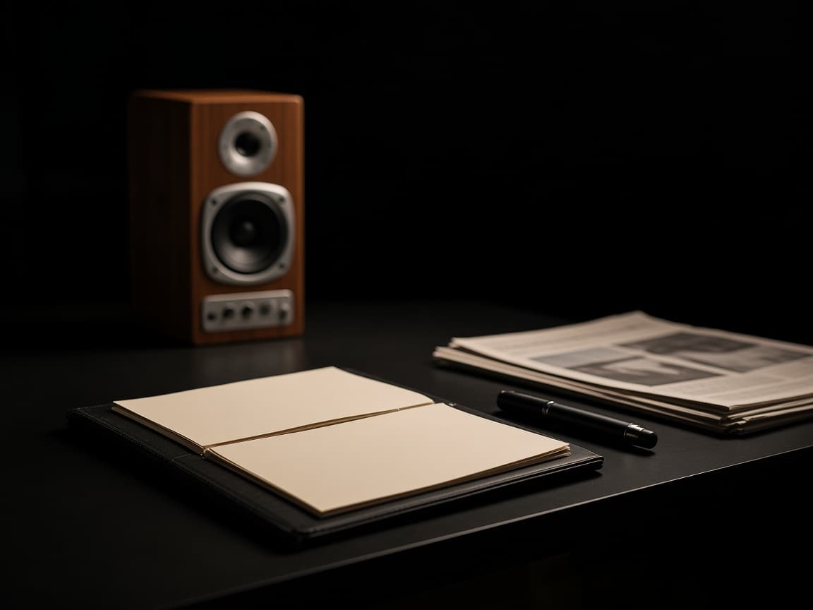 Open notebook, pen, and newspapers on a dark desk