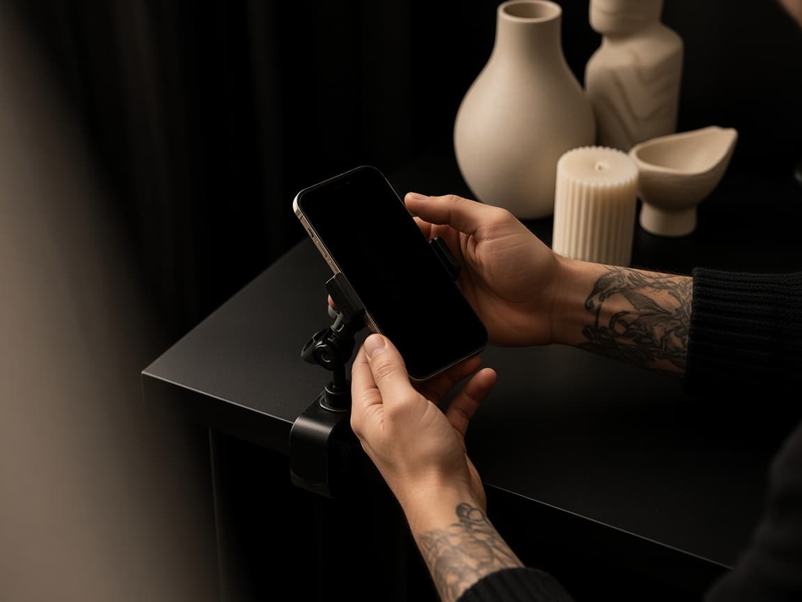 Hands setting a phone to film a still life